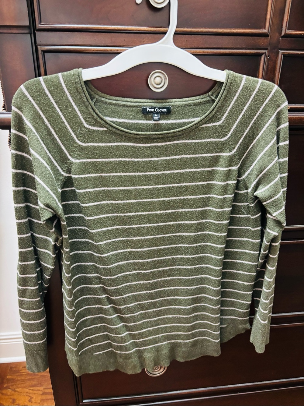 Pink Clover Olive Green Sweater with Pink Stripes